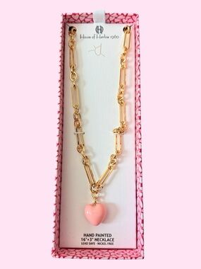 House of Harlow 1960 Hand Painted Pink Heart Pendant Necklace - Gold Chain—NWT